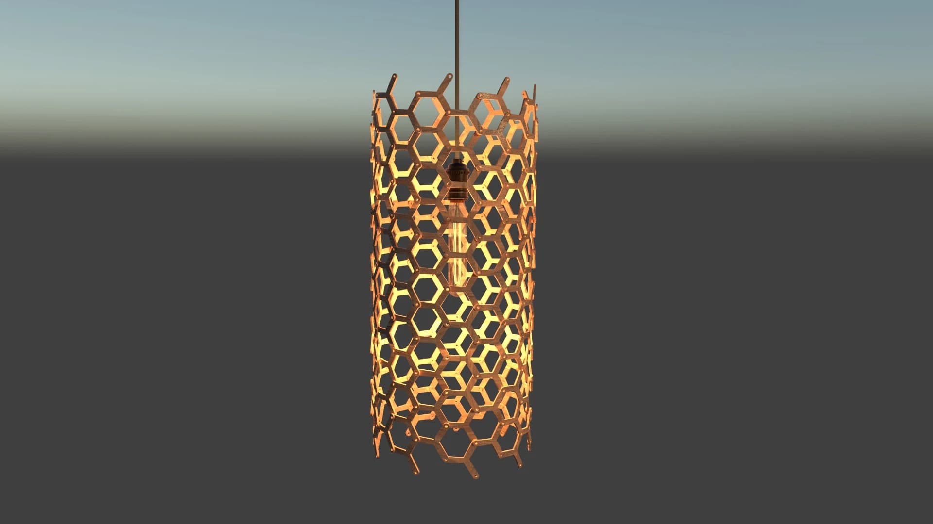 A slender honeycomb pendant glowing through a timber lattice