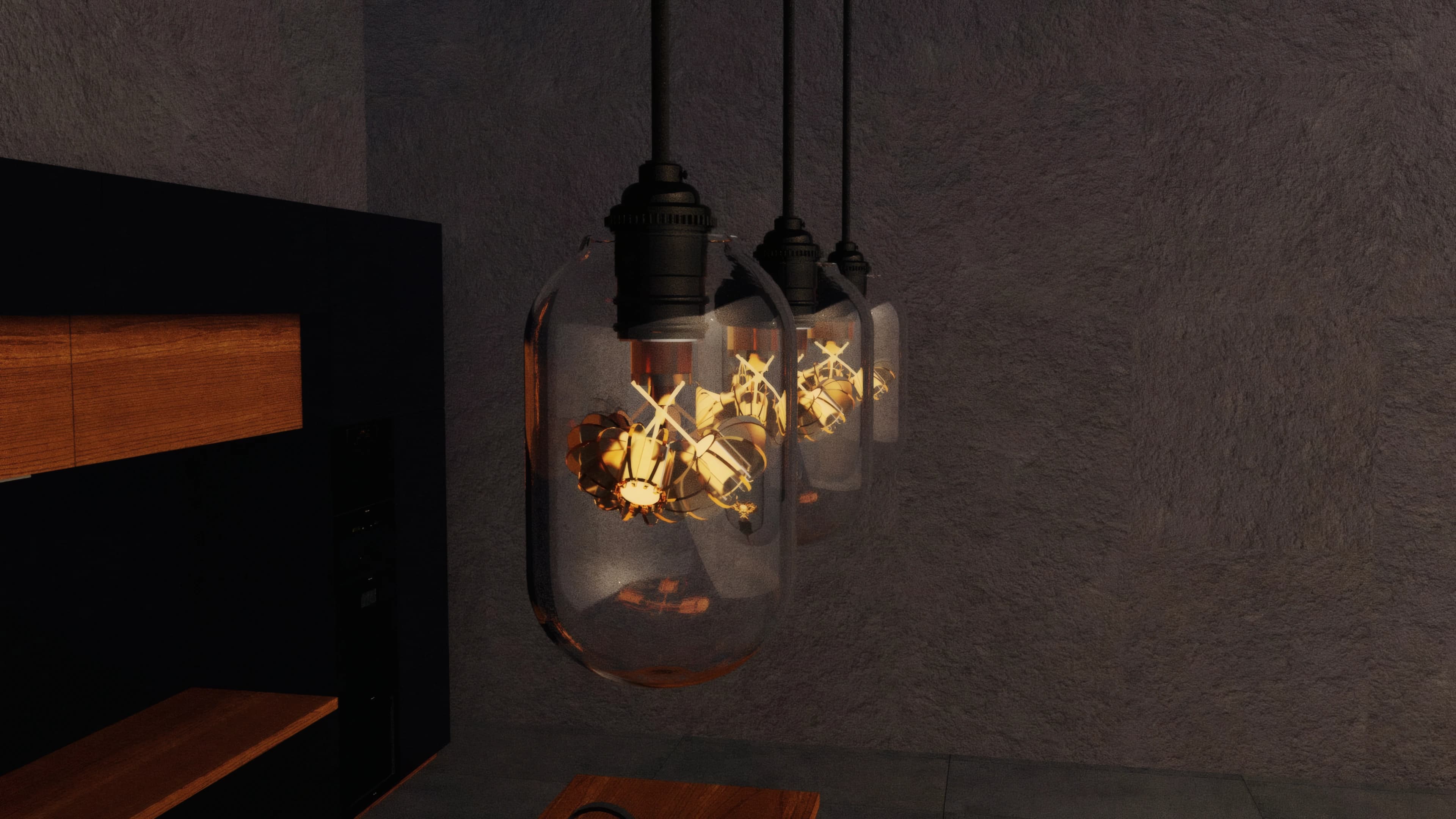 A side view of the three suspended glass bulbs