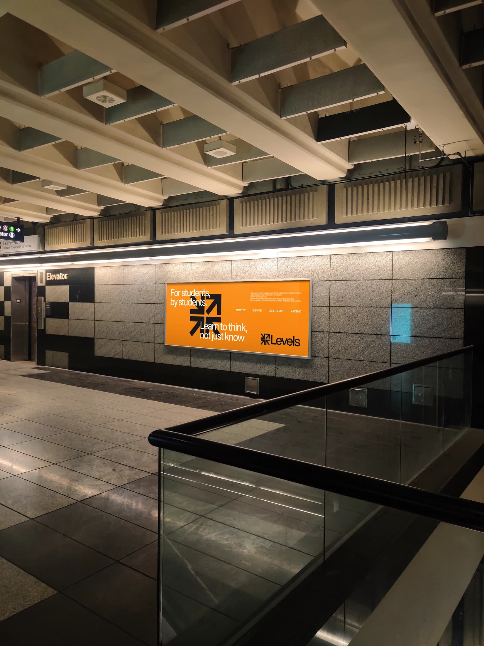 An orange Levels Tutoring advertising concept in a station poster mockup