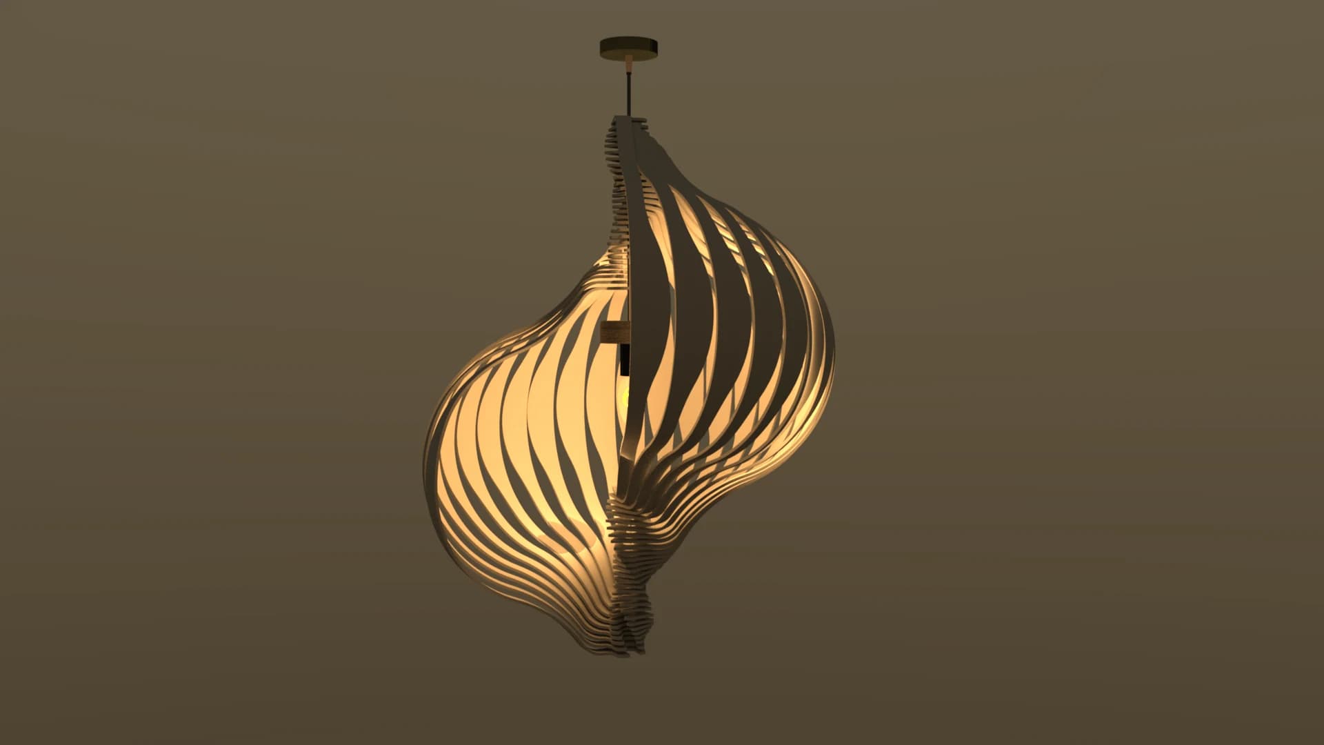A flowing ribbed pendant with a warm illuminated centre