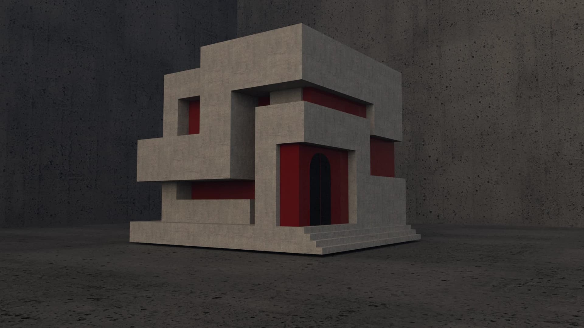 A pale concrete volume with deep red recesses and projecting frames