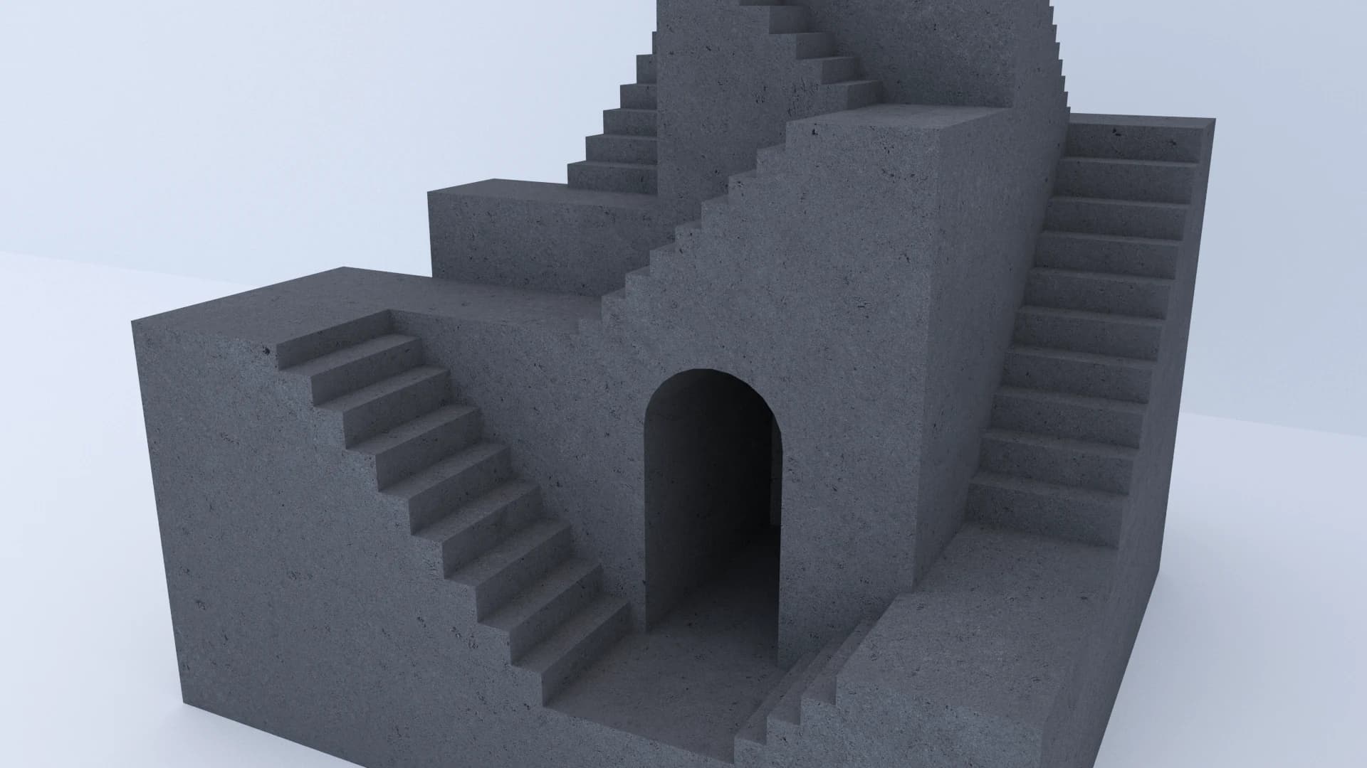 A concrete stair sculpture with multiple flights and an arched passage