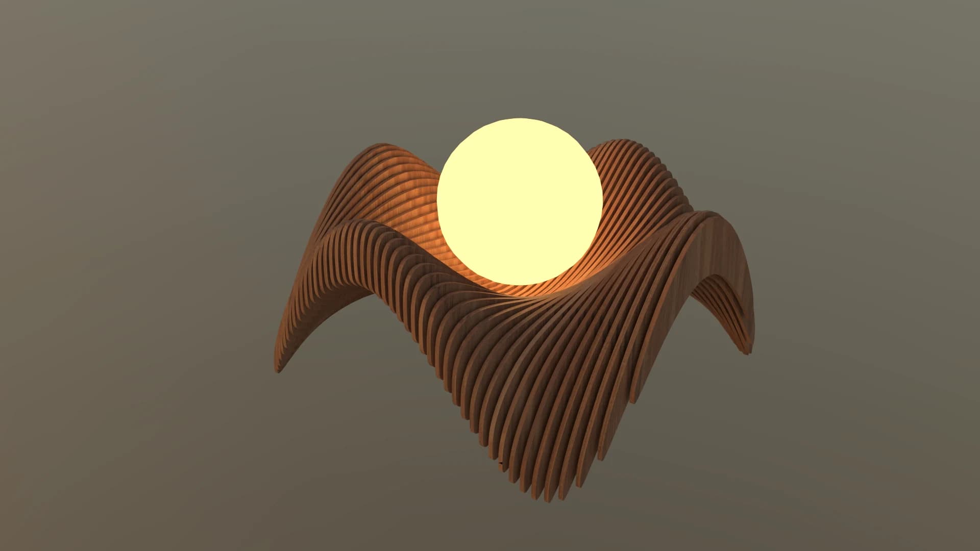 A luminous sphere cradled by an undulating ribbed timber surface